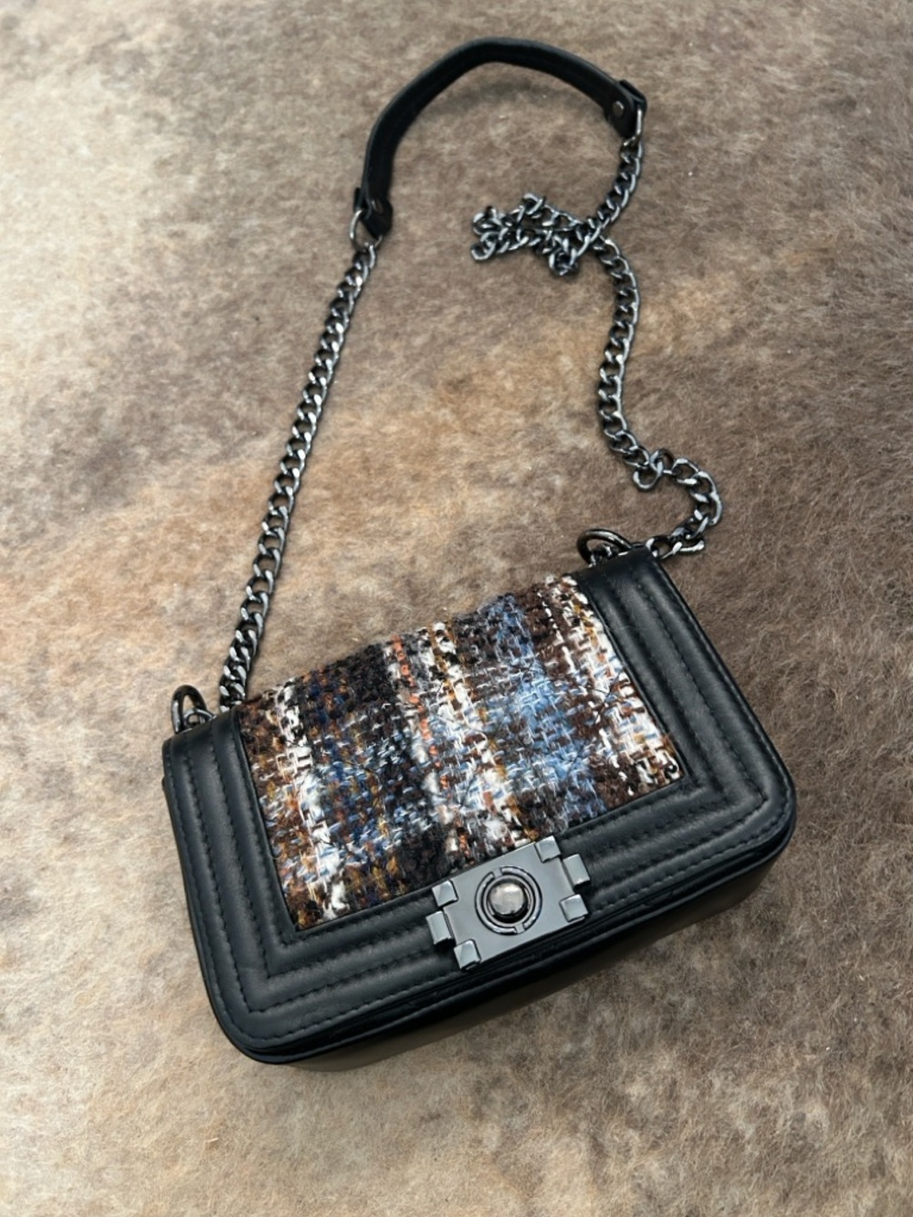 Italian black leather and tweed crossbody